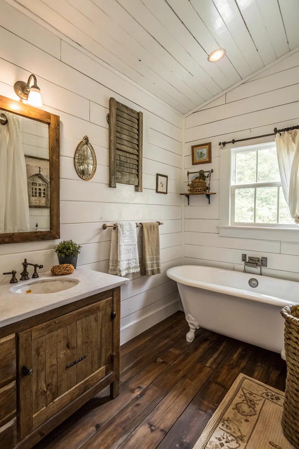 Crisp white shiplap cladding delivers a refreshing farmhouse appeal to this small bathroom.
