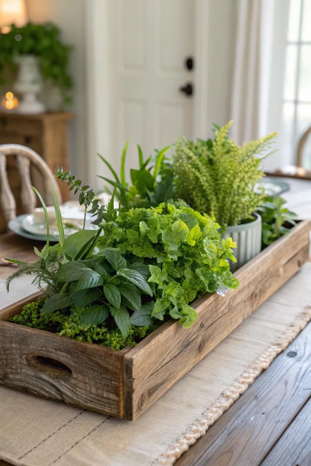A rustic wooden board, adorned with lush greenery, creates an inviting and warm centerpiece.