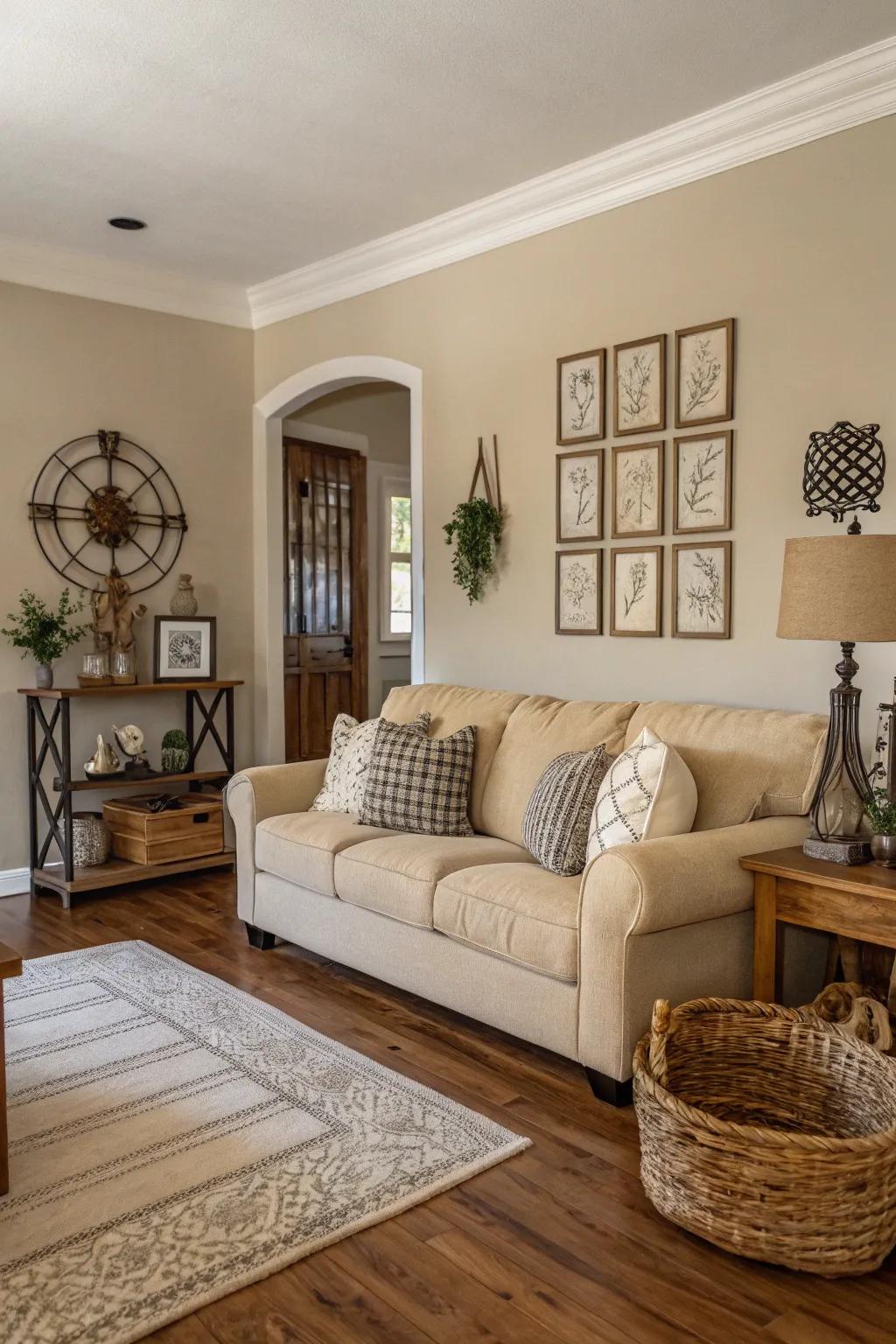 A serene, neutral-toned living area designed in a farmhouse manner.