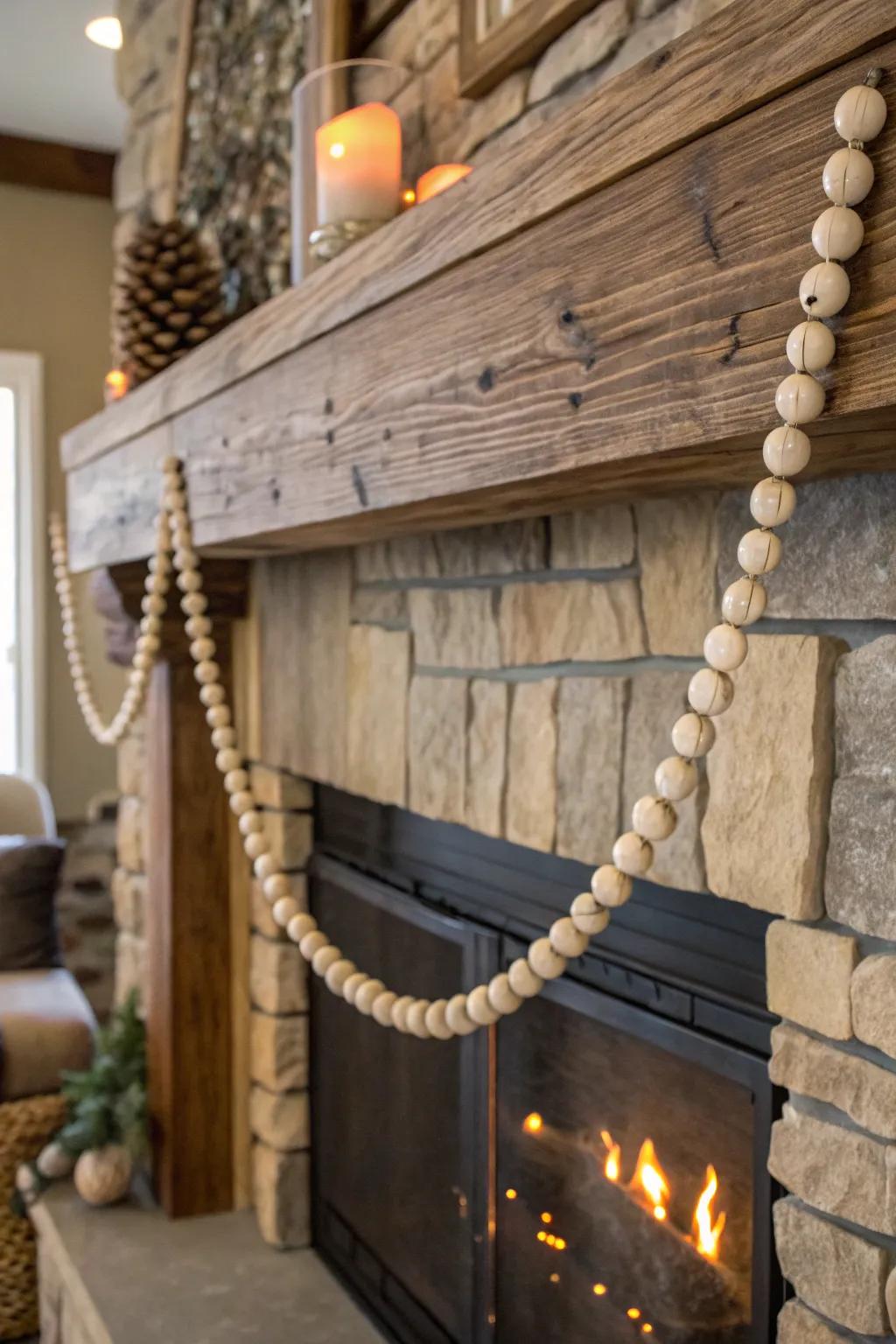 Wood bead garland draped over a farmhouse mantel.