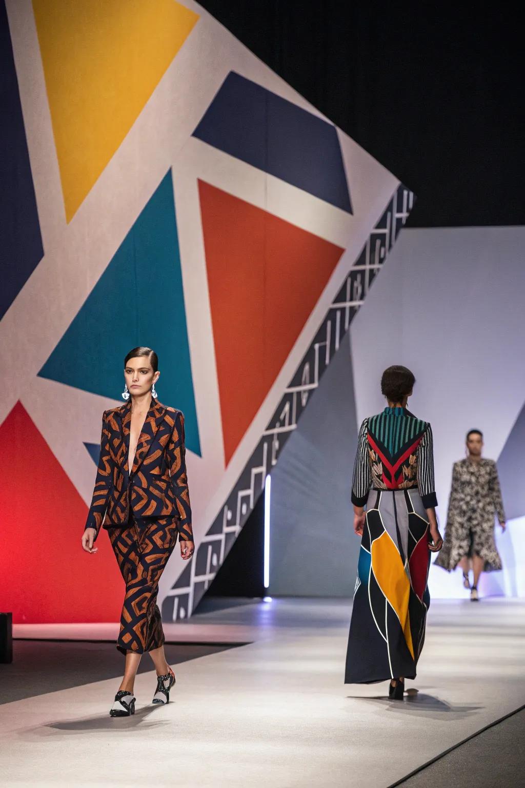 A fashion runway displaying an abstract form scenery that boosts the show's theme.