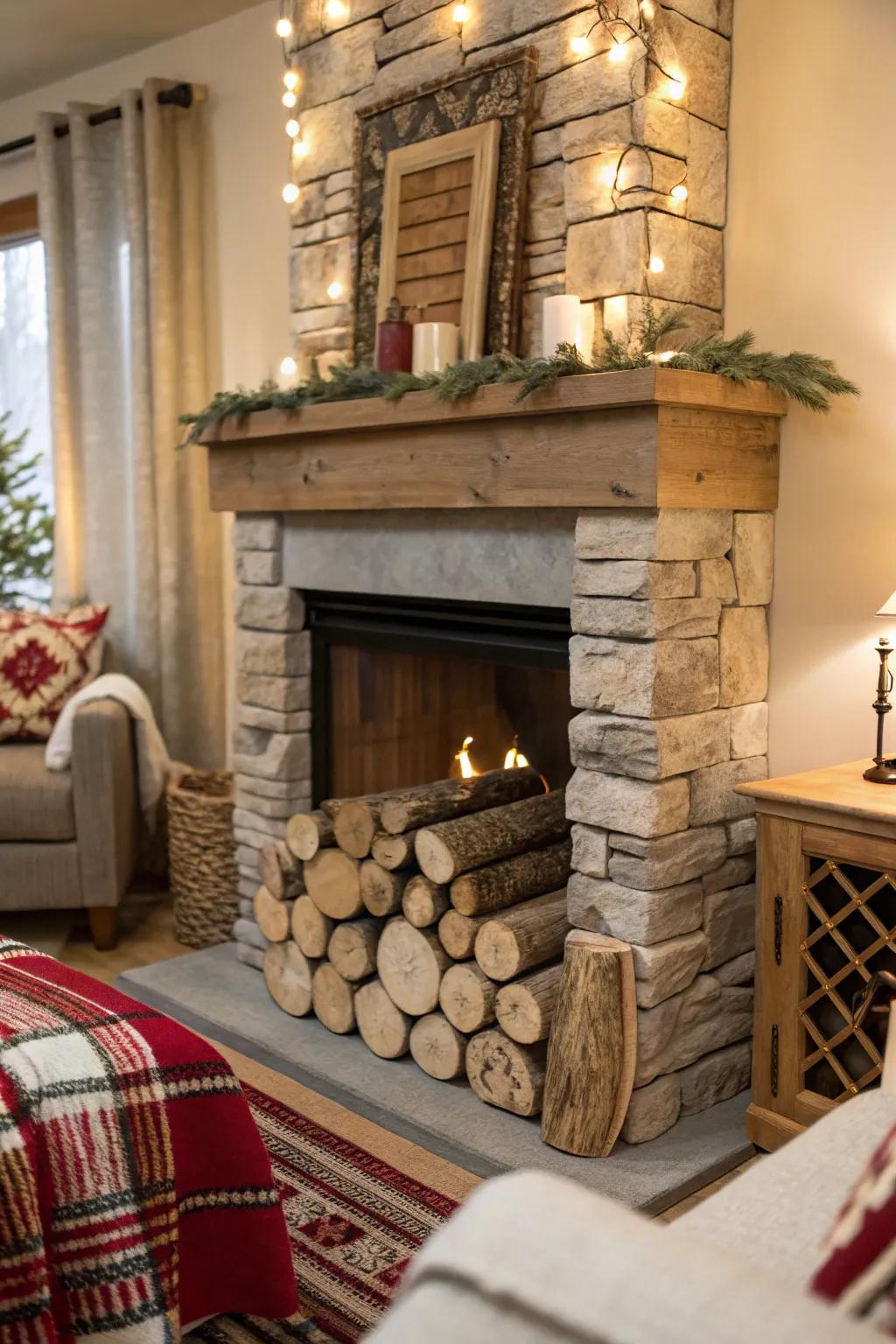 An imitation fireplace beautifully filled with birch logs.