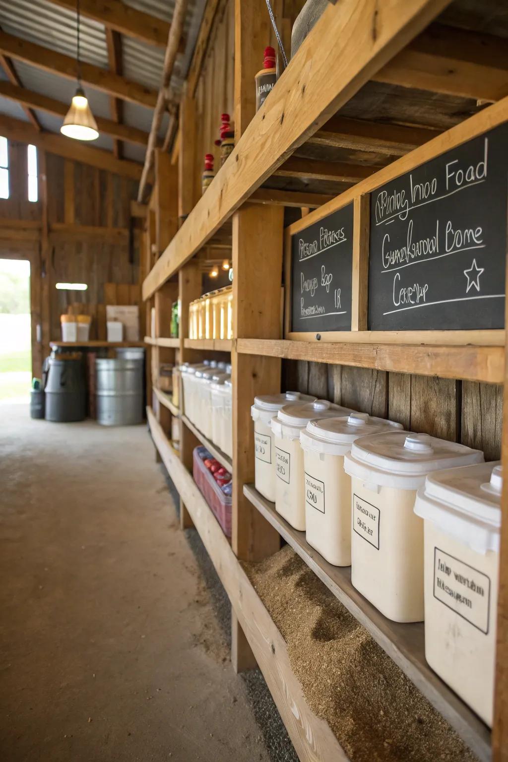 Clear labels are essential for quick identification in a busy feed room.
