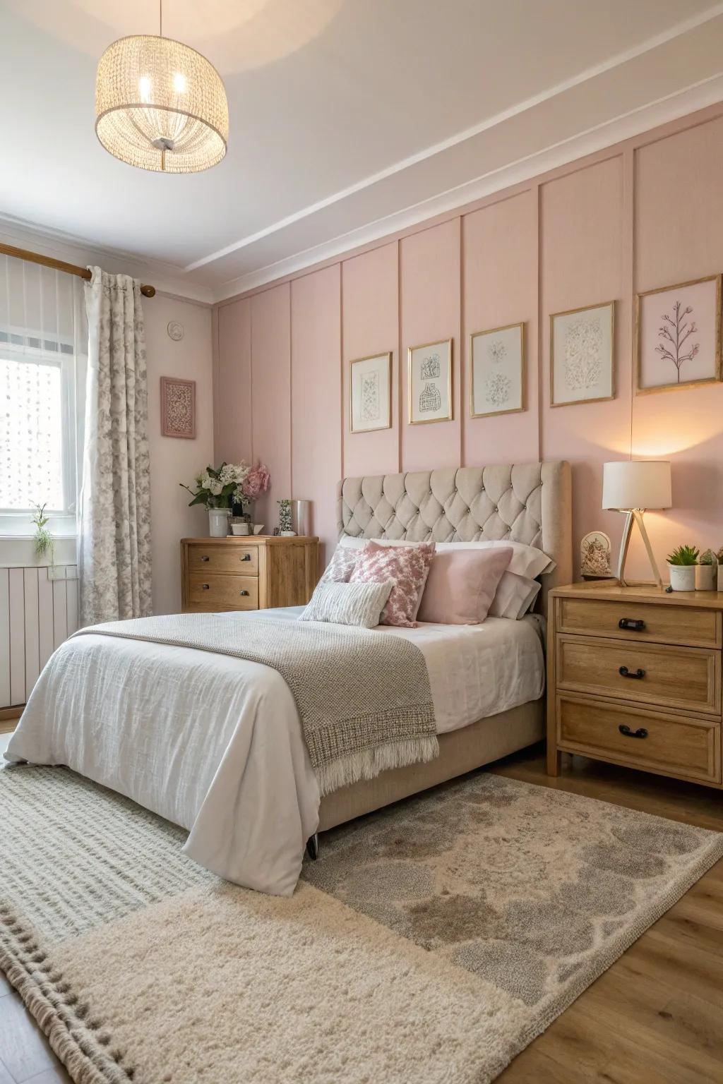 A soothing bedroom using soft pinks and creams for a tranquil atmosphere.