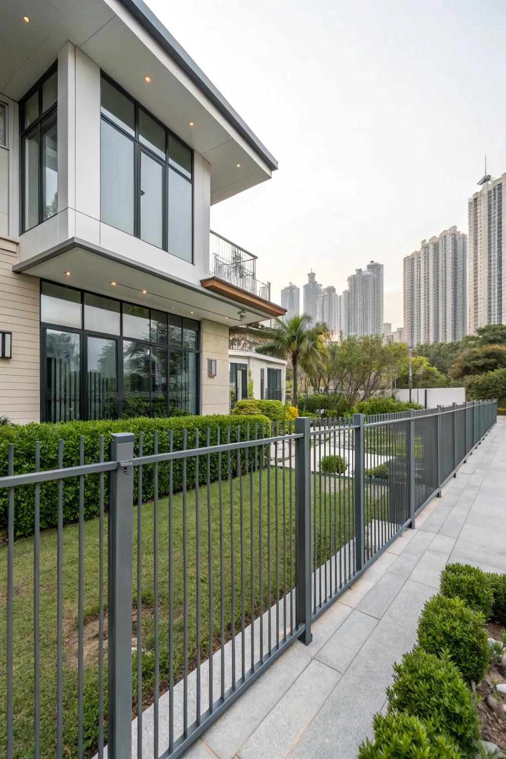 Minimalistic metal fences provide a chic, uncluttered appearance.