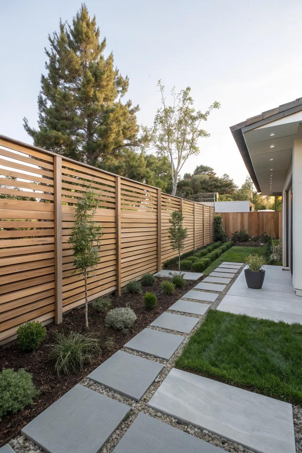 Horizontal wood slat fencing gives a modern feel to your garden.