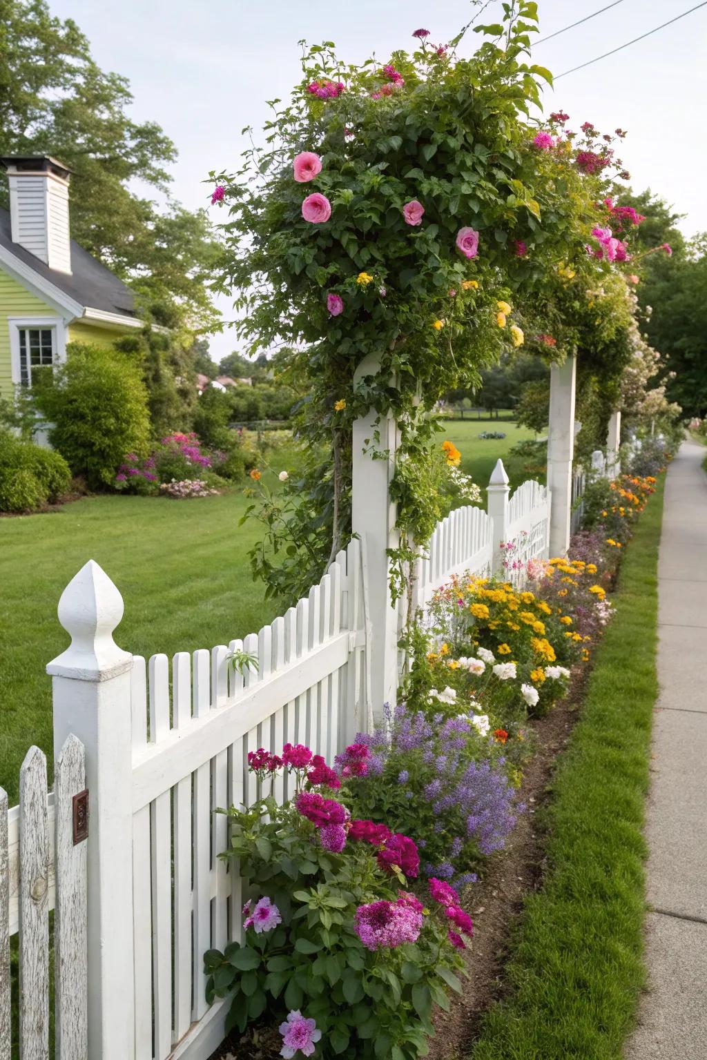 A traditional white paling boundary invigorated with vibrant blooms.