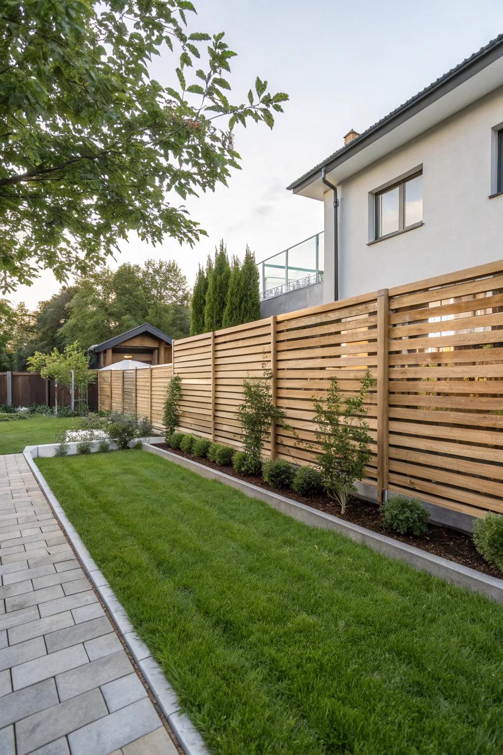 Horizontal wood slats create a smooth and contemporary feel for your yard.