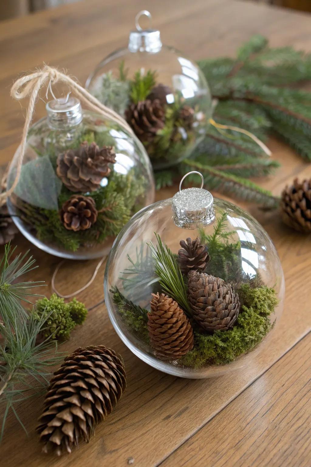 Ornaments showcasing nature's beauty through pine cones and moss.