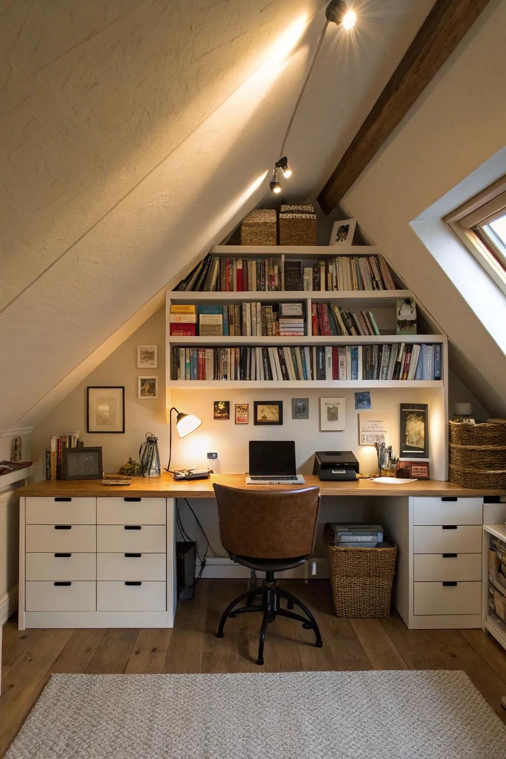 A serene attic home office designed with thoughtful elements.