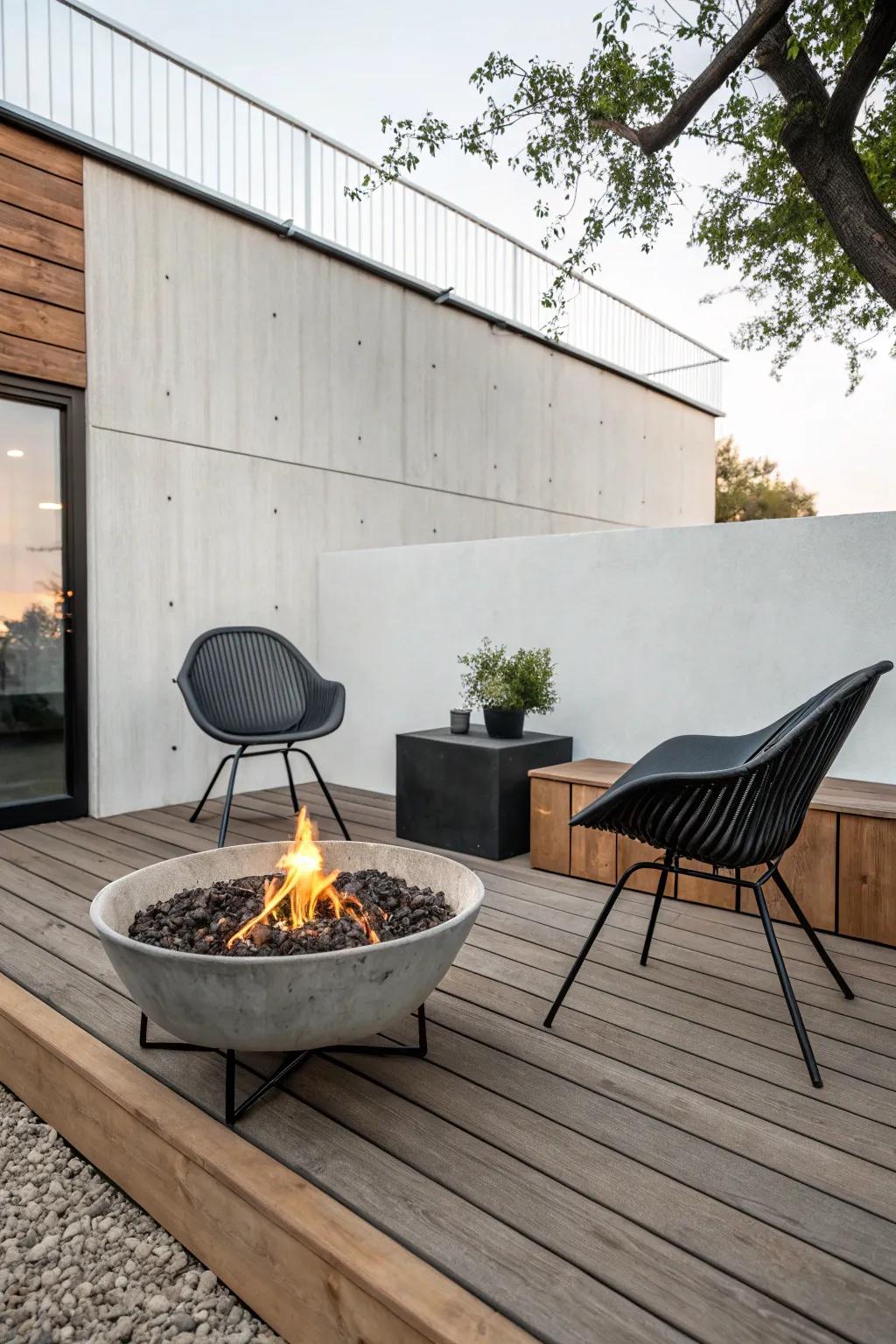 Modern minimalist fire pit area featuring sleek outdoor furniture.
