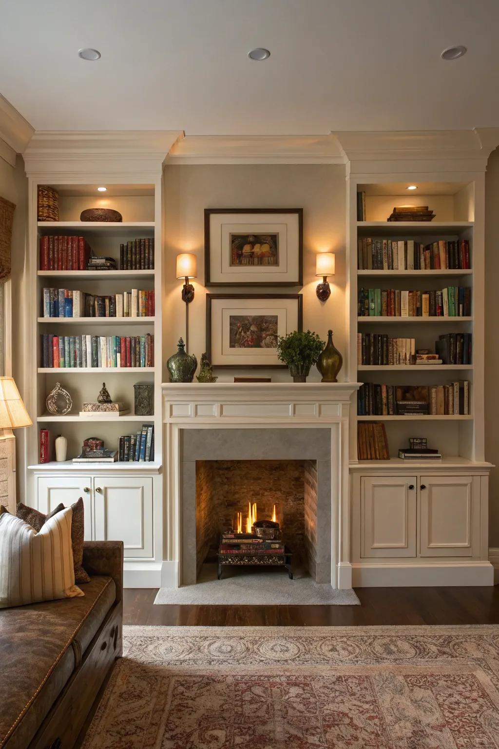 A living room featuring a fireplace with symmetrical shelving, perfect for displaying books and decor.