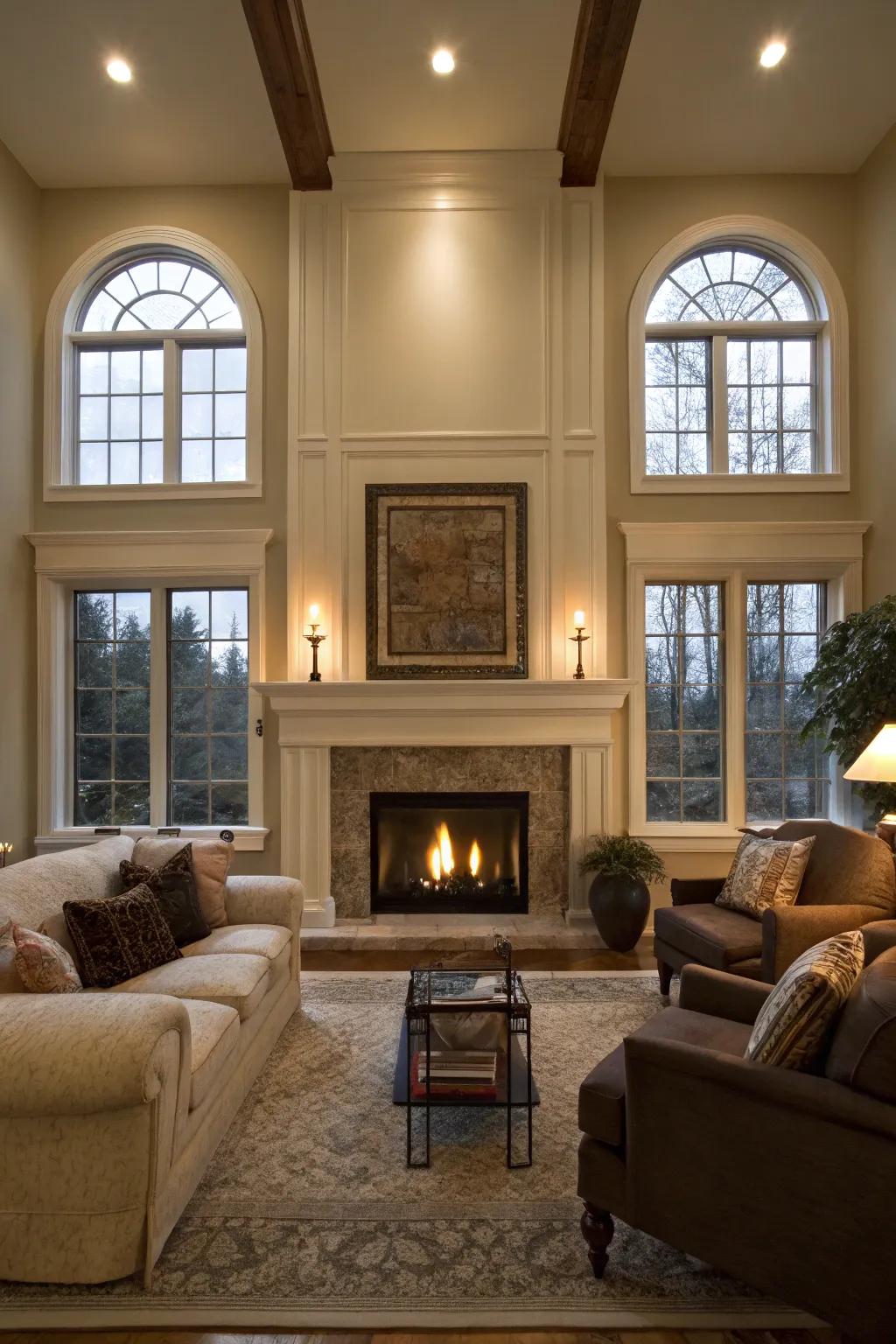 Symmetrical designs bring a sense of calm and focus to the fireplace area.