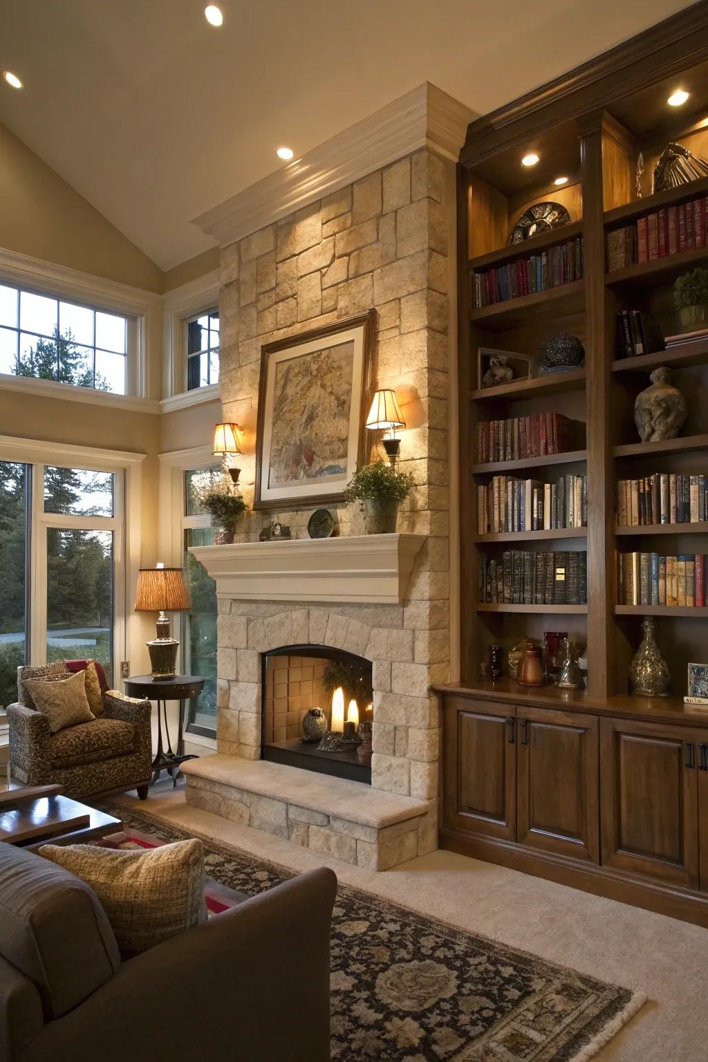 Integral shelves surrounding the fireplace craft a fashionable and useful display zone.