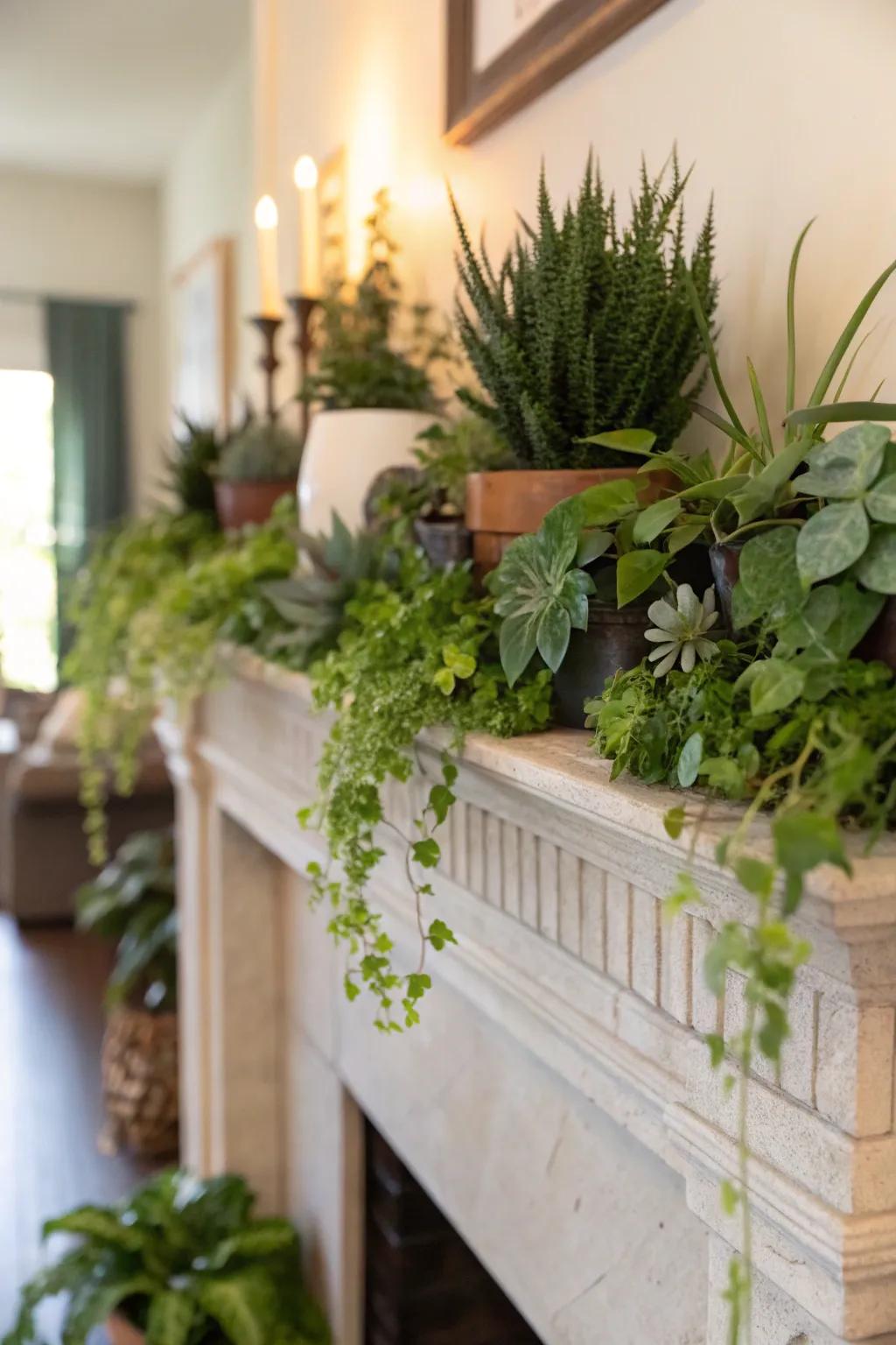 A bright mantel display featuring vibrant greenery and potted plants.