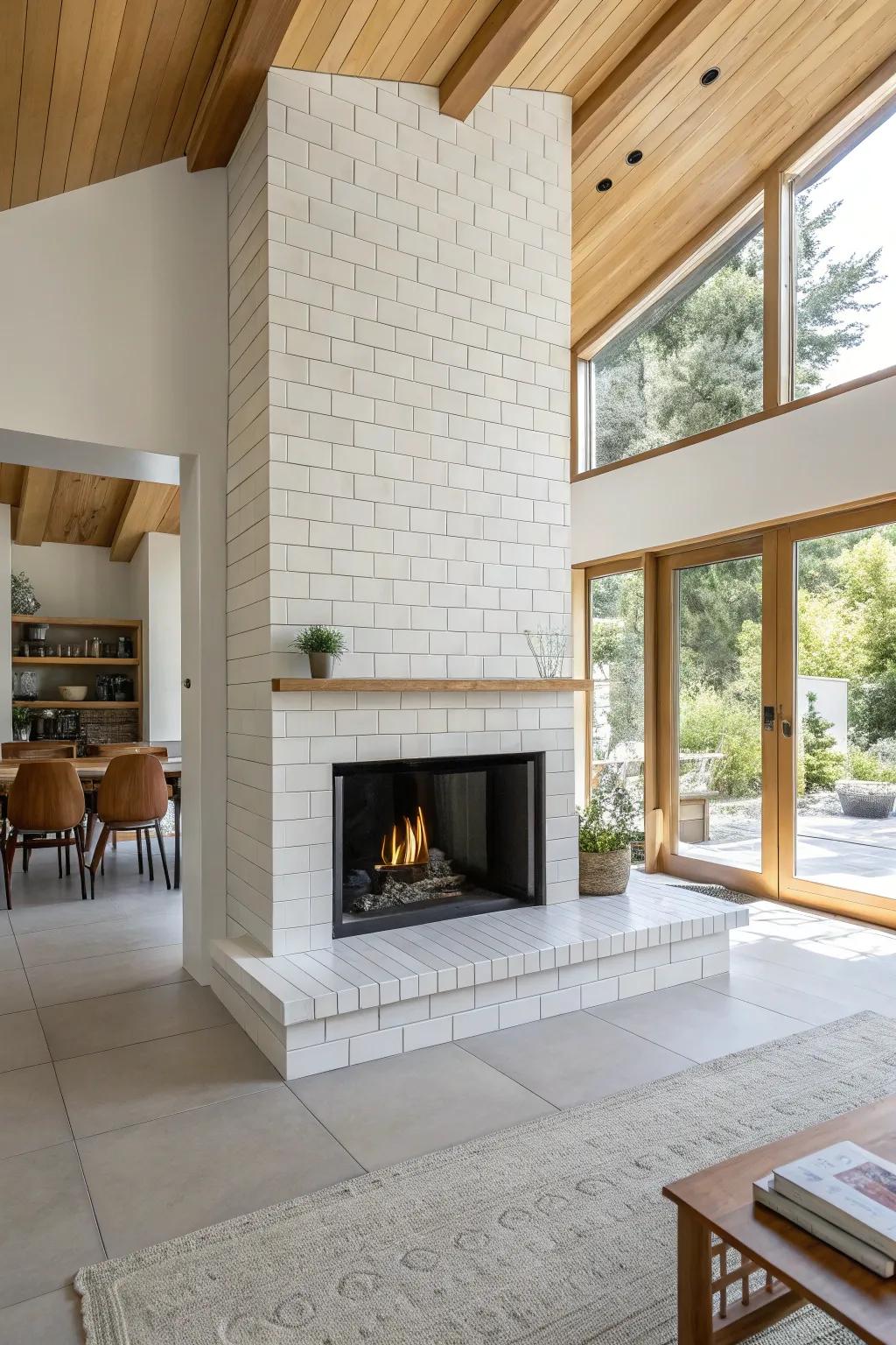 A minimalist fireplace featuring sleek white tiles in a modern living area.