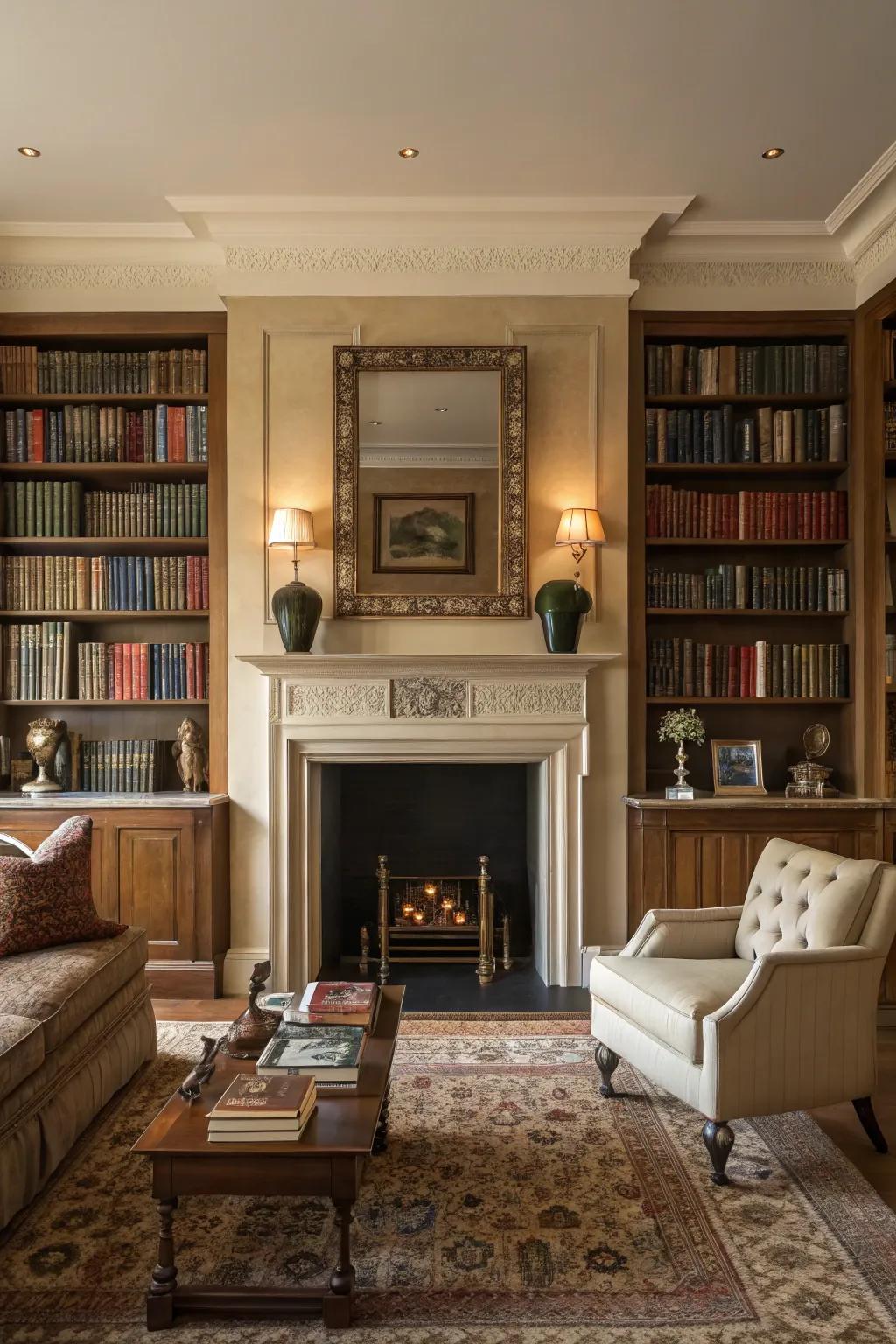 A balanced symmetry enhanced with bookshelves framing the hearth.