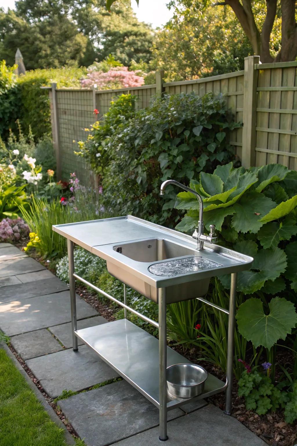 Shiny stainless steel combines elegance with practicality in this fish cleaning area.