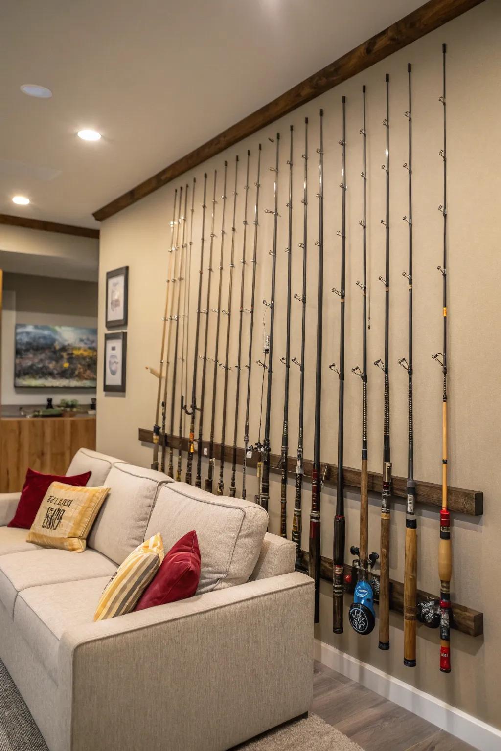 Angling poles creatively arranged to form a quaint gallery wall.