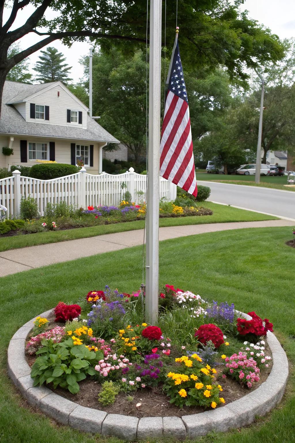 A rounded flower bed encircling a flagpole establishes a compelling central point.