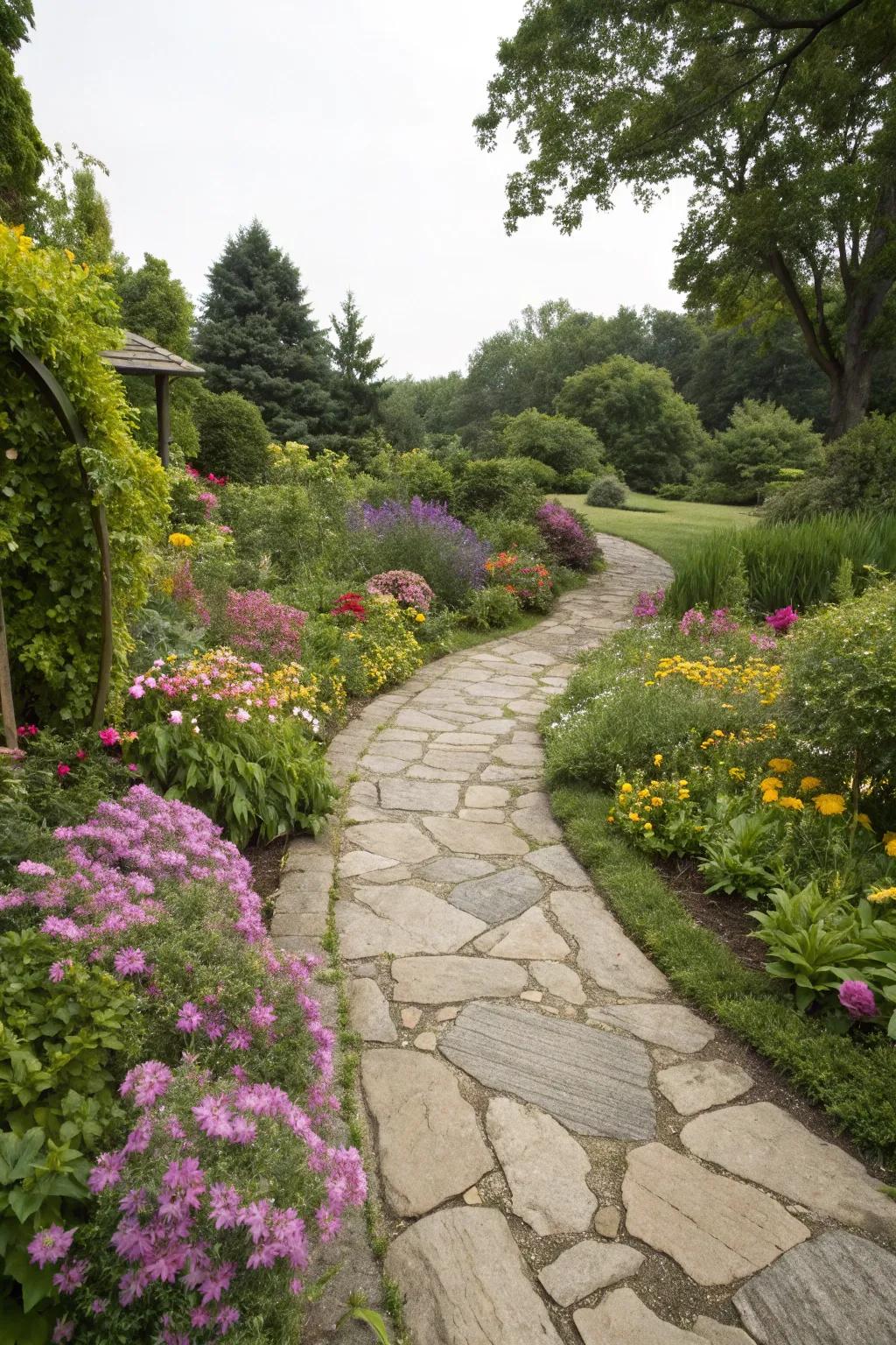 A winding flagstone pathway through a vibrant flower garden.