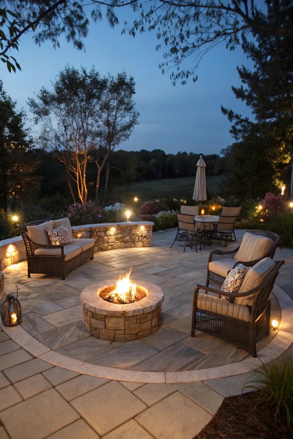 A flagstone patio centered around a welcoming fire pit.