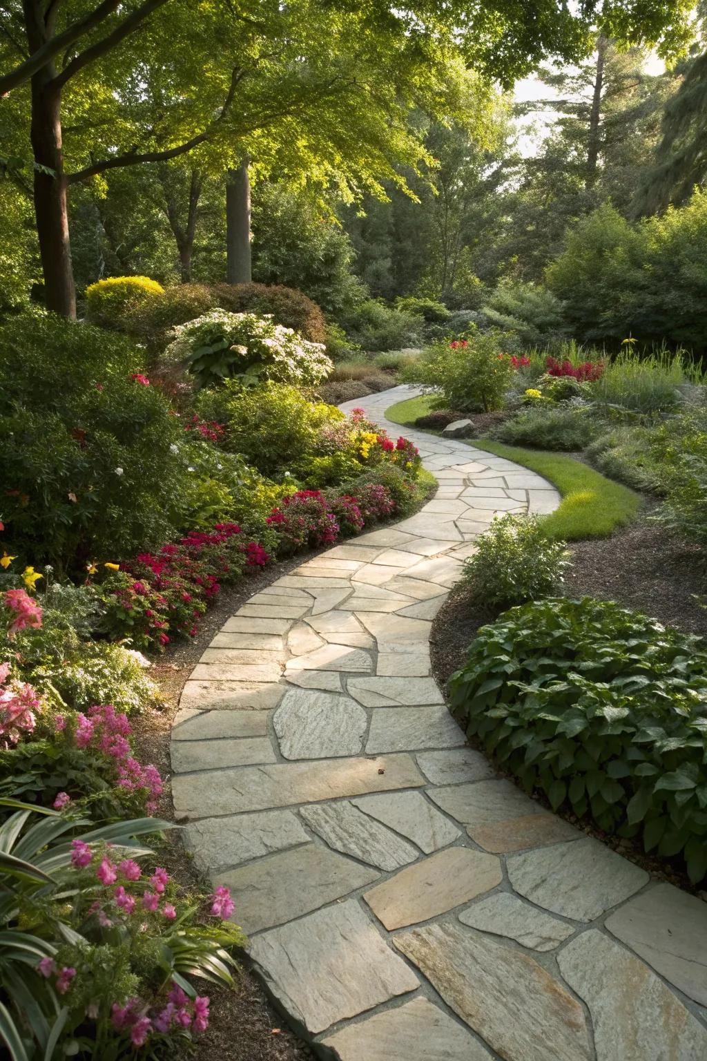 A gracefully curved sandstone pathway meandering through a serene garden landscape.