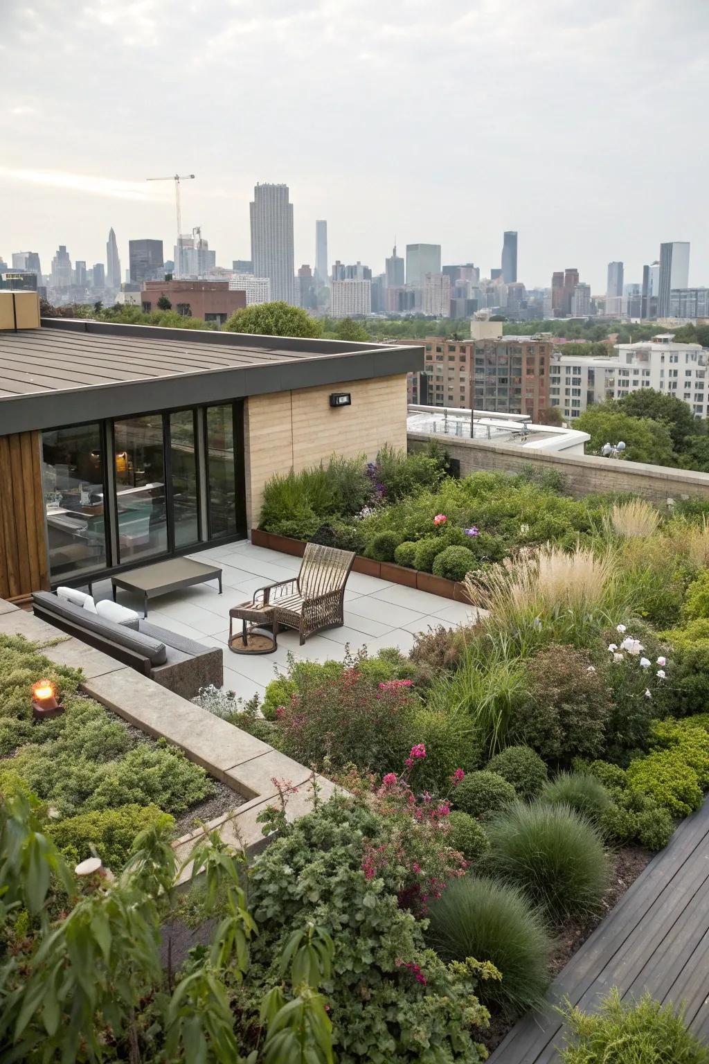 A rooftop garden on a flat roof garage provides a peaceful retreat right at your doorstep.