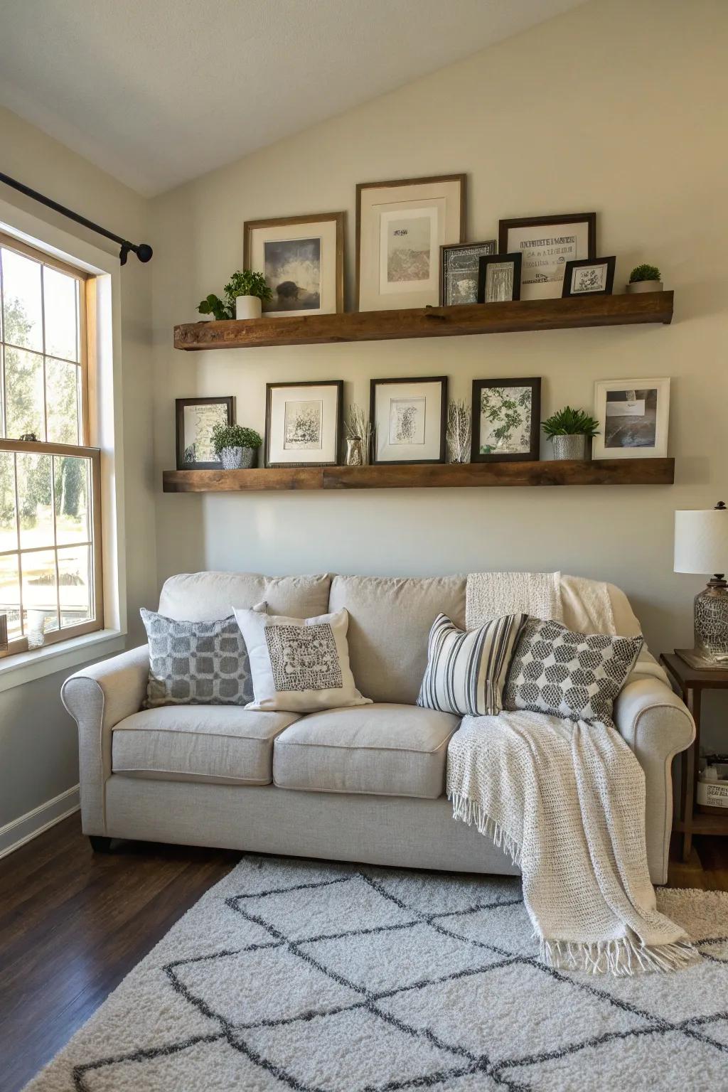 Symmetrical arrangements create a soothing environment above your couch.