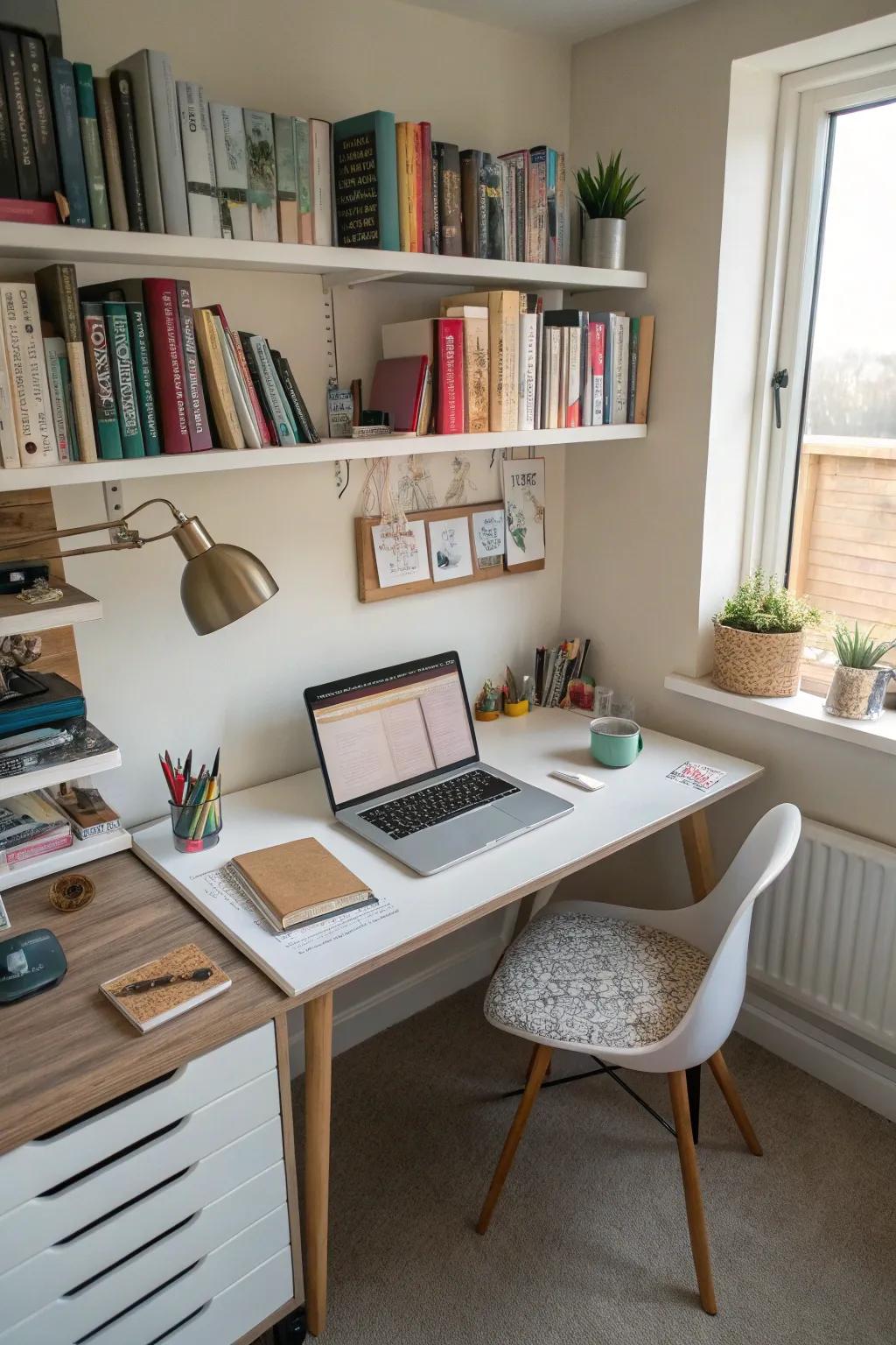 Floating shelves are key to maximizing vertical space in a compact home office.