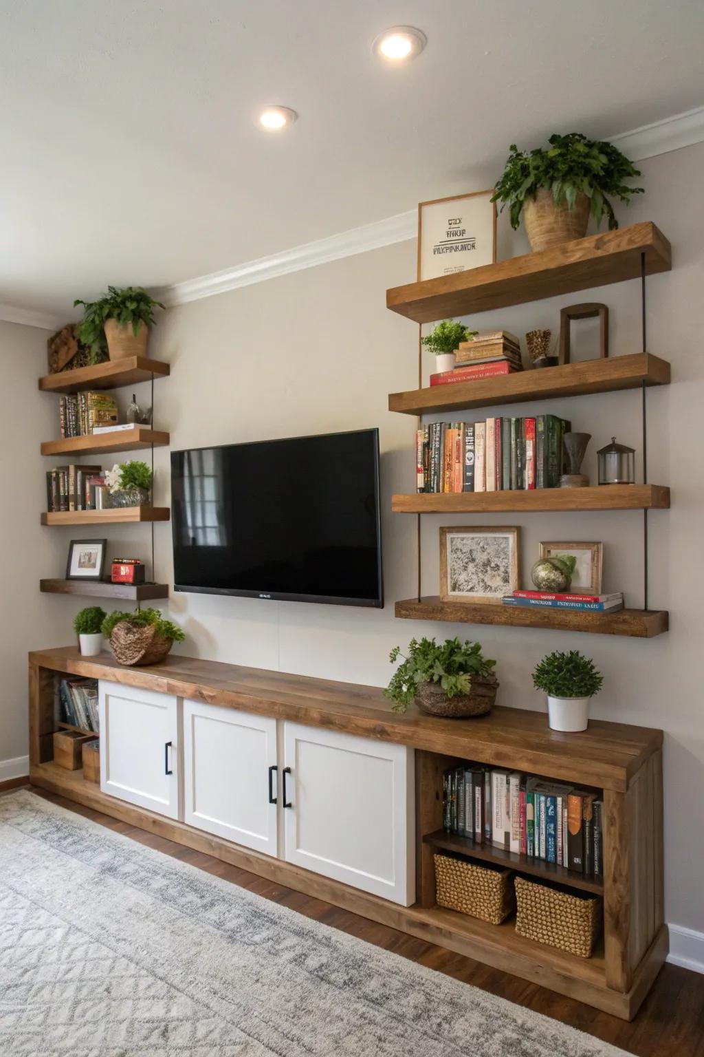 Achieve balance using flanking shelves for your TV.