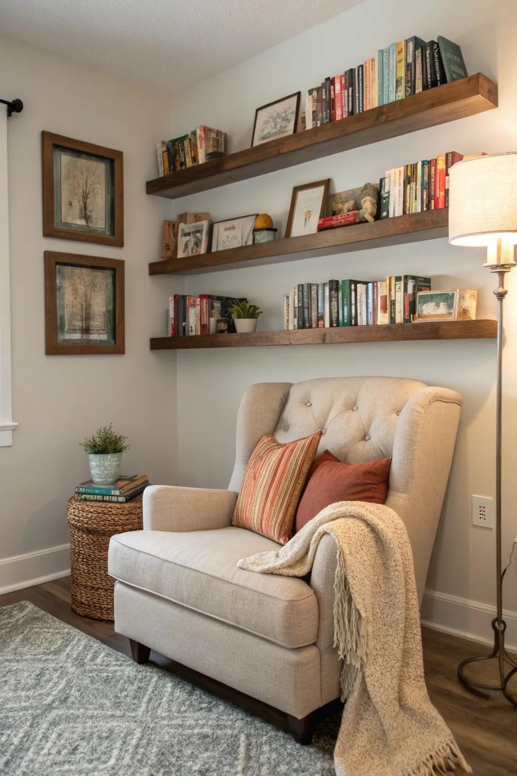 A reading spot brightened up with floating shelves