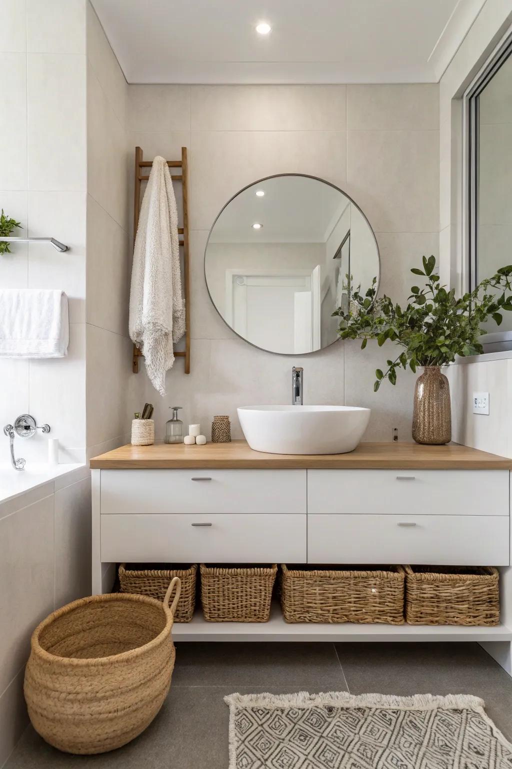 A simple bathroom displaying a mounted vanity in light and muted shades.