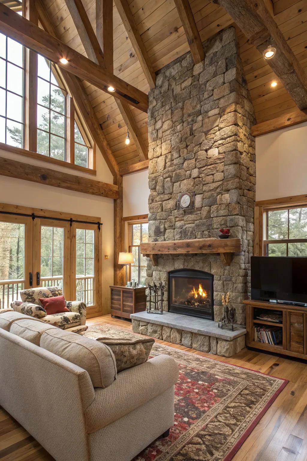 A rustic living room showcasing a magnificent floor-to-ceiling stone fireplace.