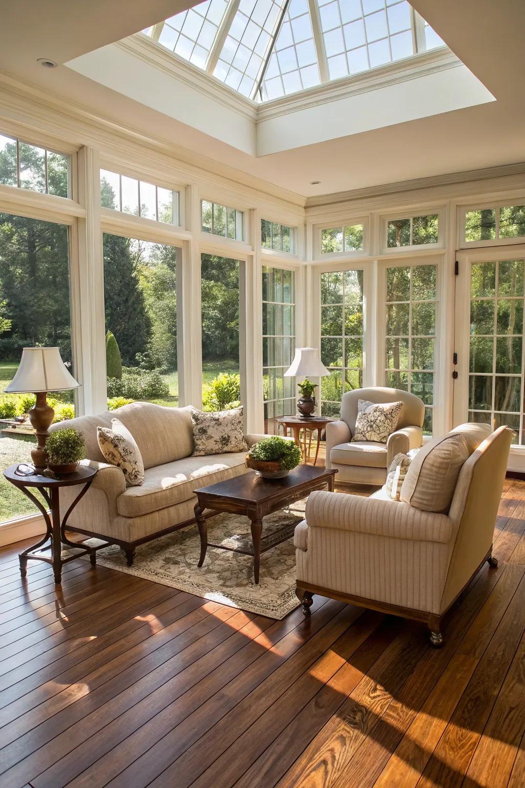 Sunroom with timeless timber flooring and garden views.