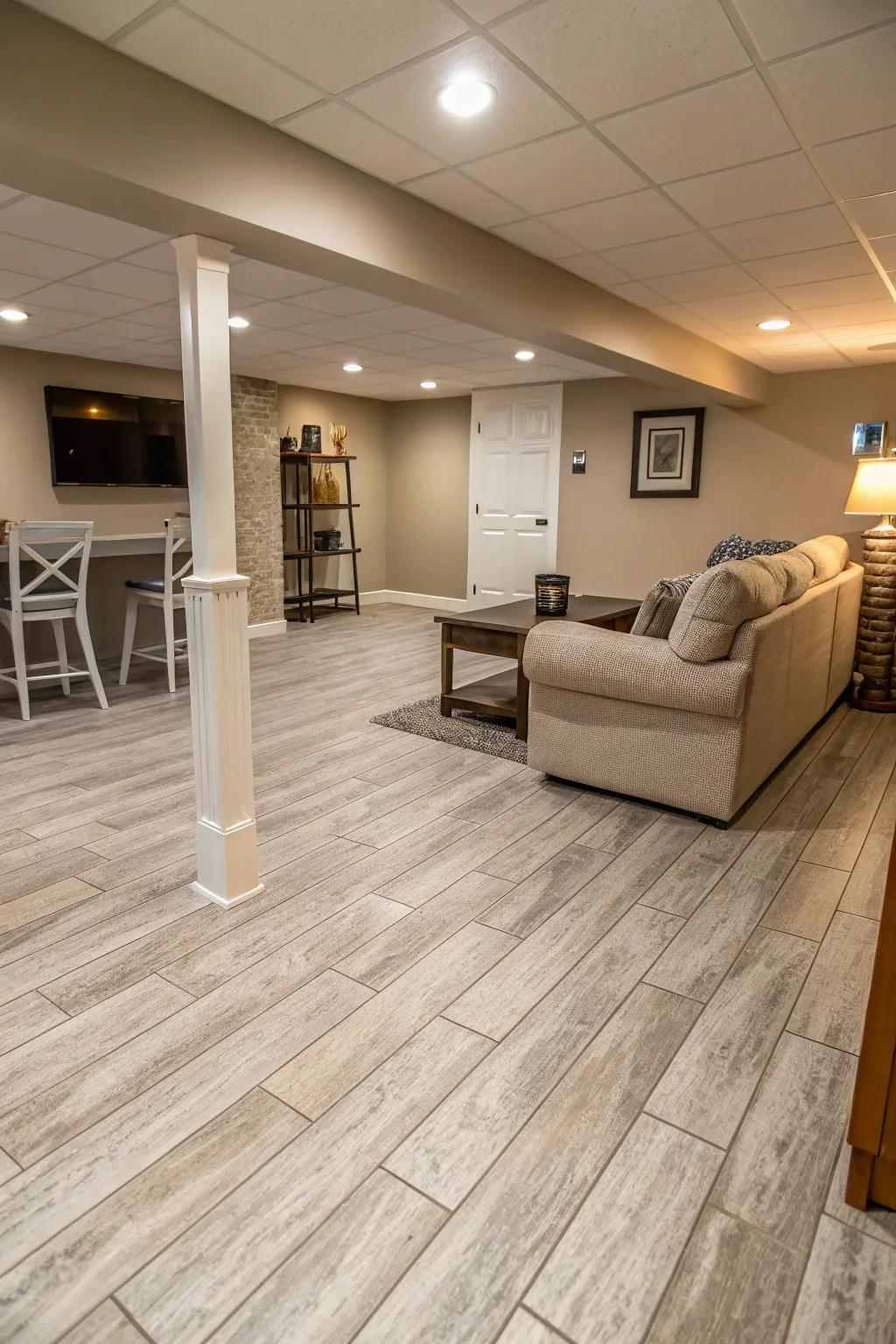 Gray tile flooring adds a polished, contemporary vibe to any basement.