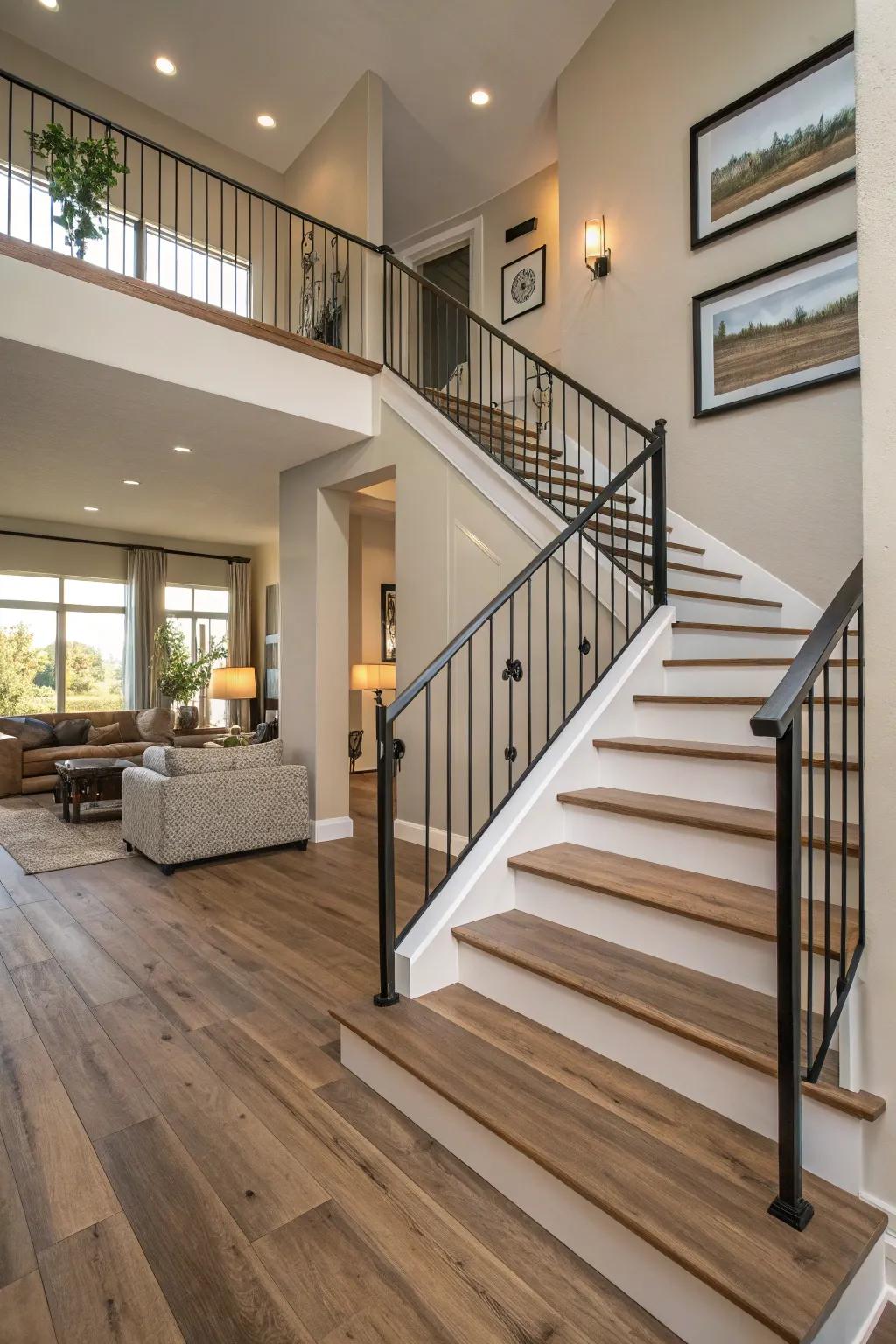 A sleek staircase showcasing faux wood flooring that beautifully imitates hardwood.