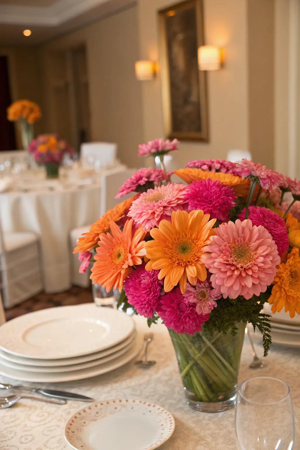 A bold floral centerpiece featuring pink and orange flowers on a dining table.