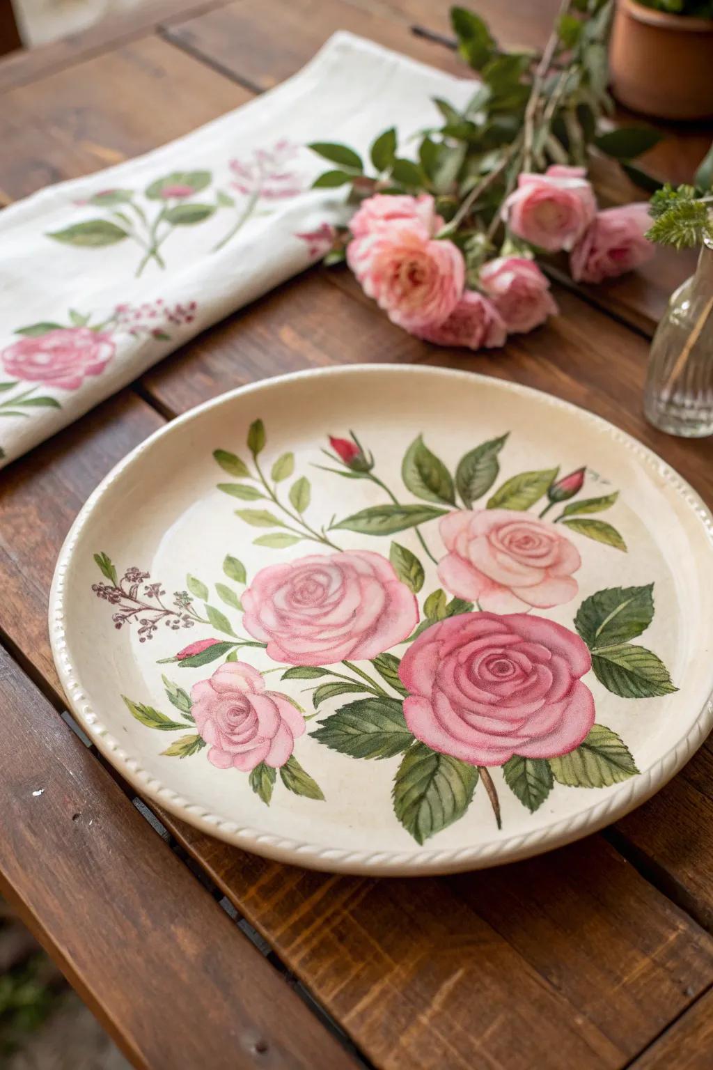 A rose design of classic nature imparts enduring grace to any plate.