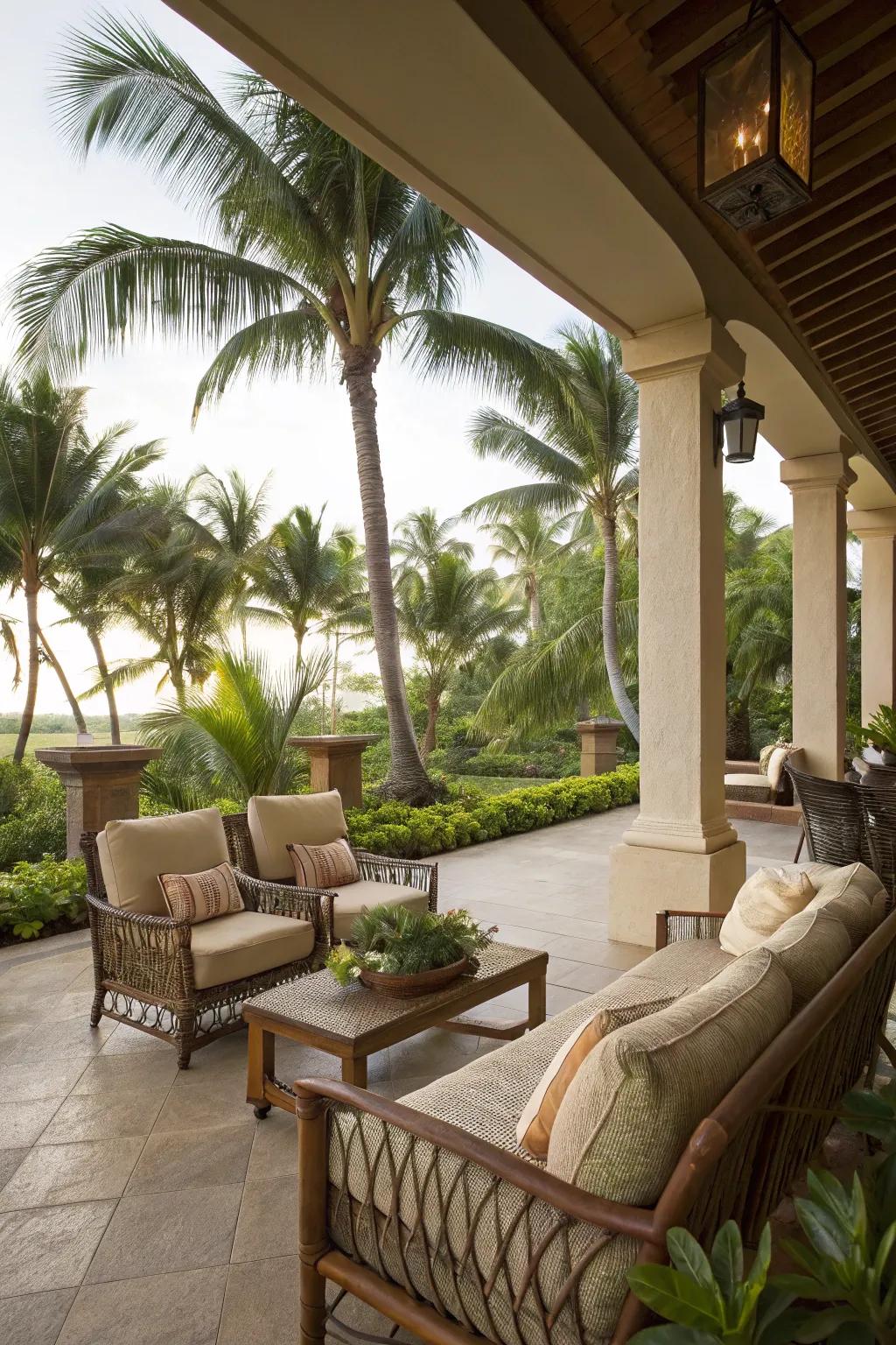Design a calming escape with comfortable seating amidst tropical beauty.