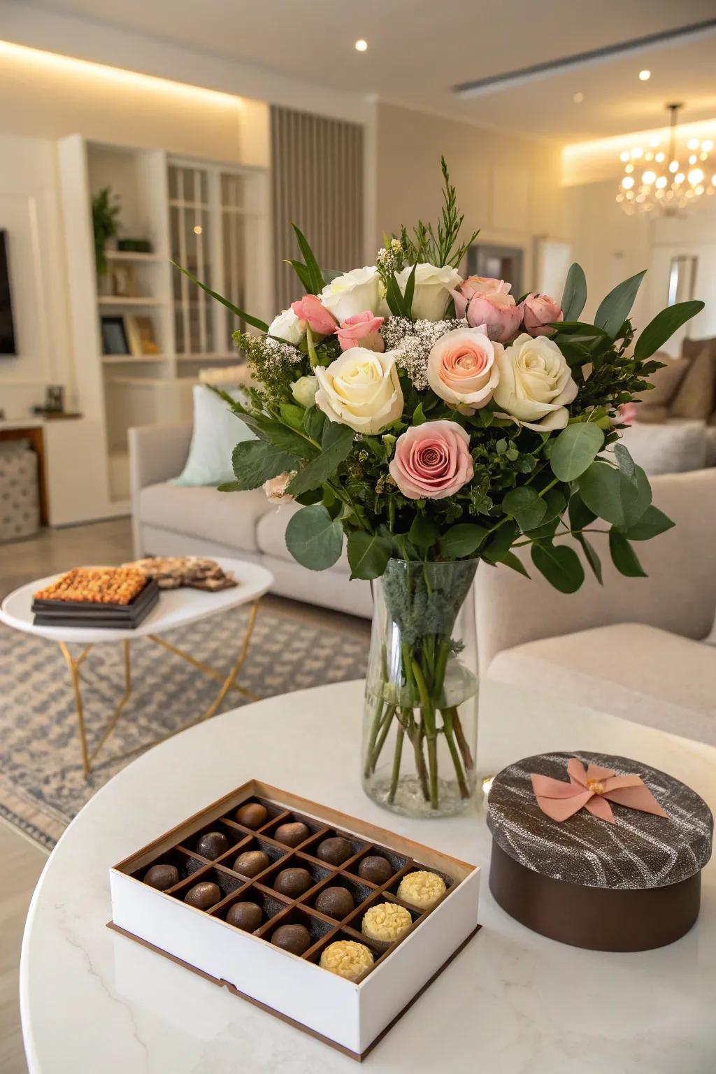 A delightful pairing of blooms and chocolates perfect for a birthday surprise.
