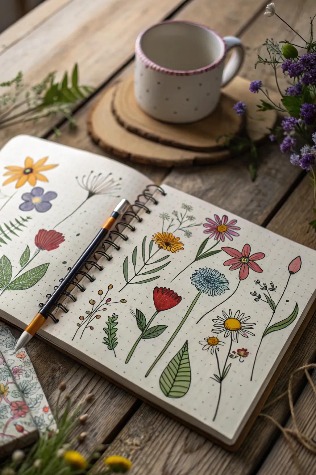 Carefree wildflower sketches add a dash of nature’s charm.