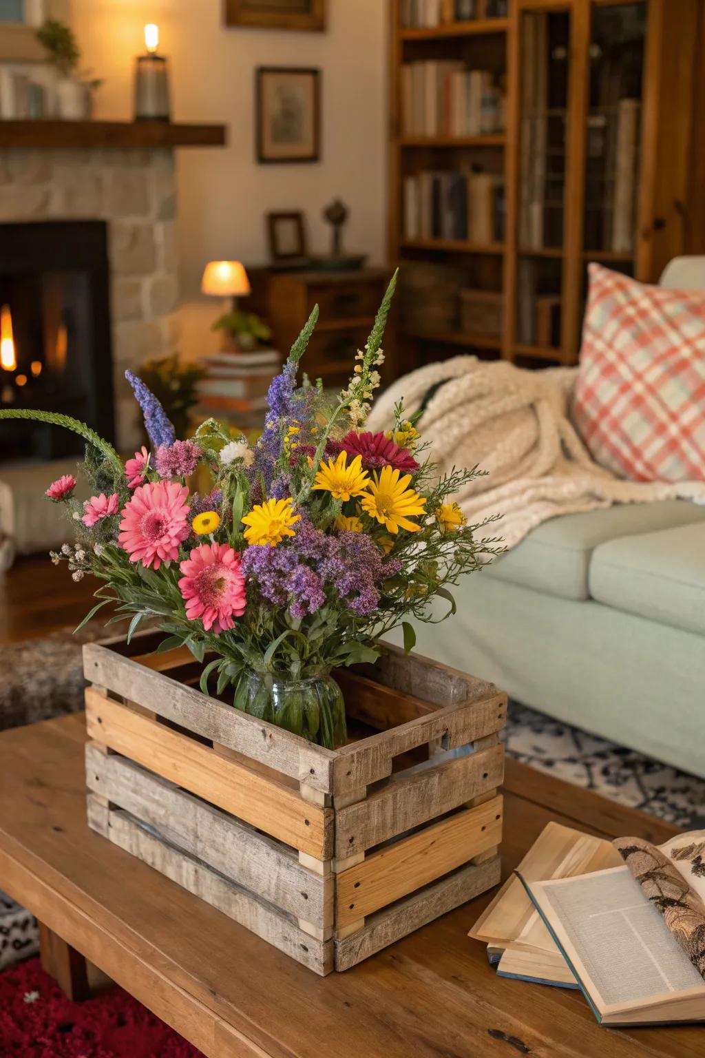 A country-style timber box infuses a snug allure into any space.
