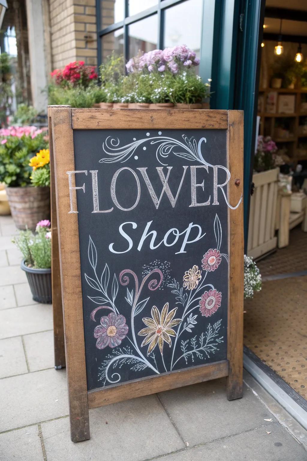 Lovely classic slate marker contributing a nostalgic feel to the flower boutique