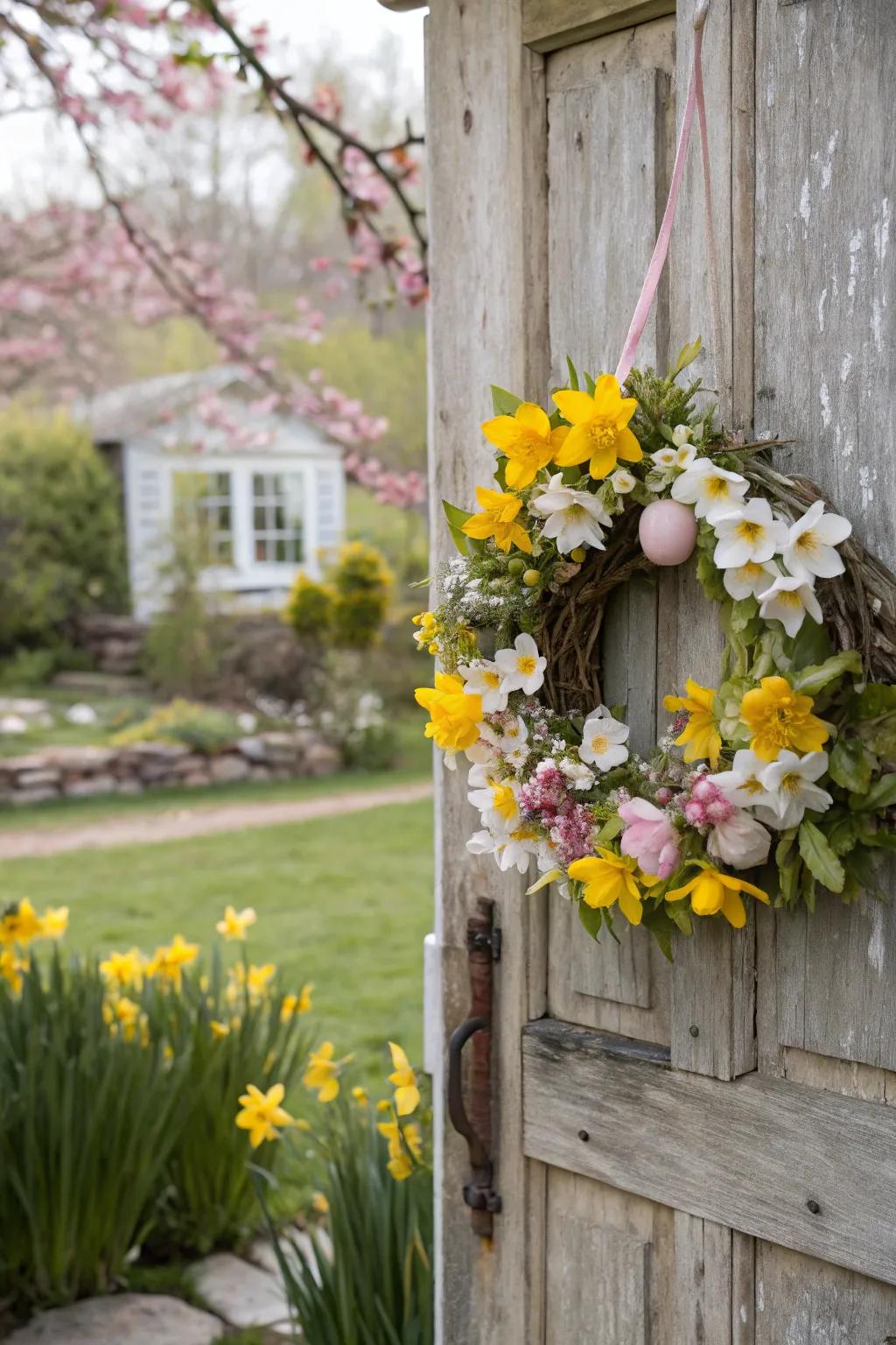 Springtime Awakening wreath brings a cozy feel to your entrance.