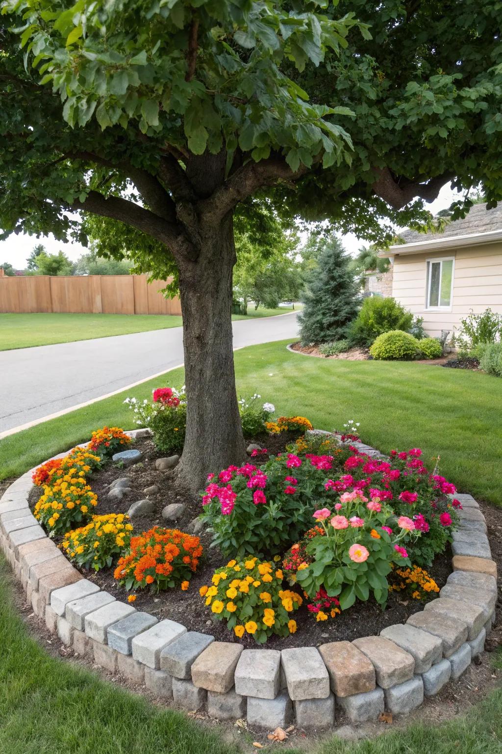 An elegant stone border around a tree, enhancing the garden's allure.