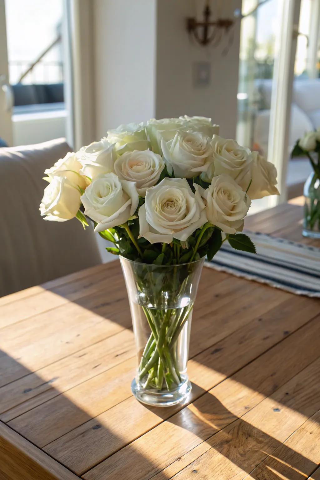 Sophisticated pale roses in a see-through container on a dining table.