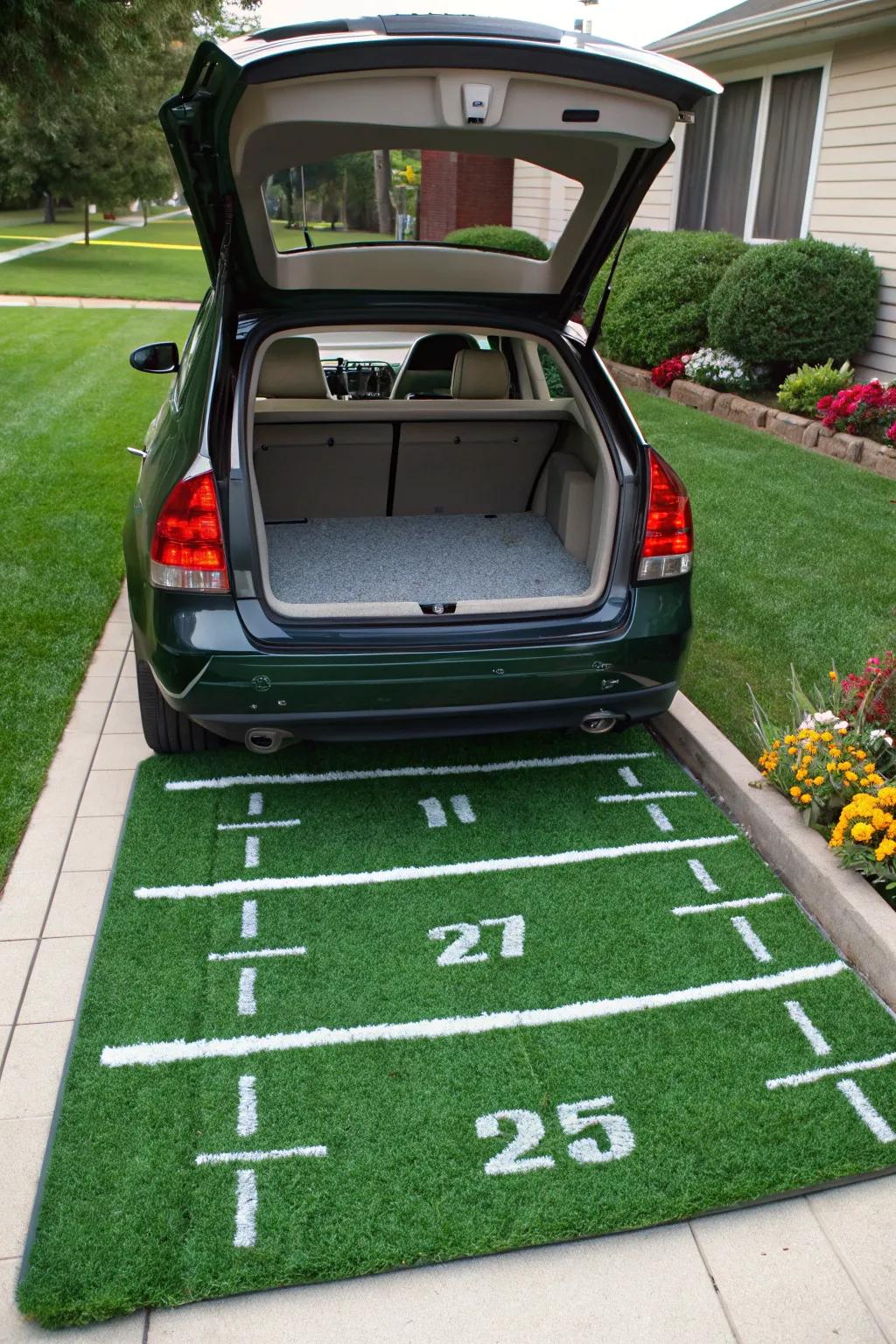Your trunk morphs into a tiny football ground with verdant turf and pristine white lines marking each yard.