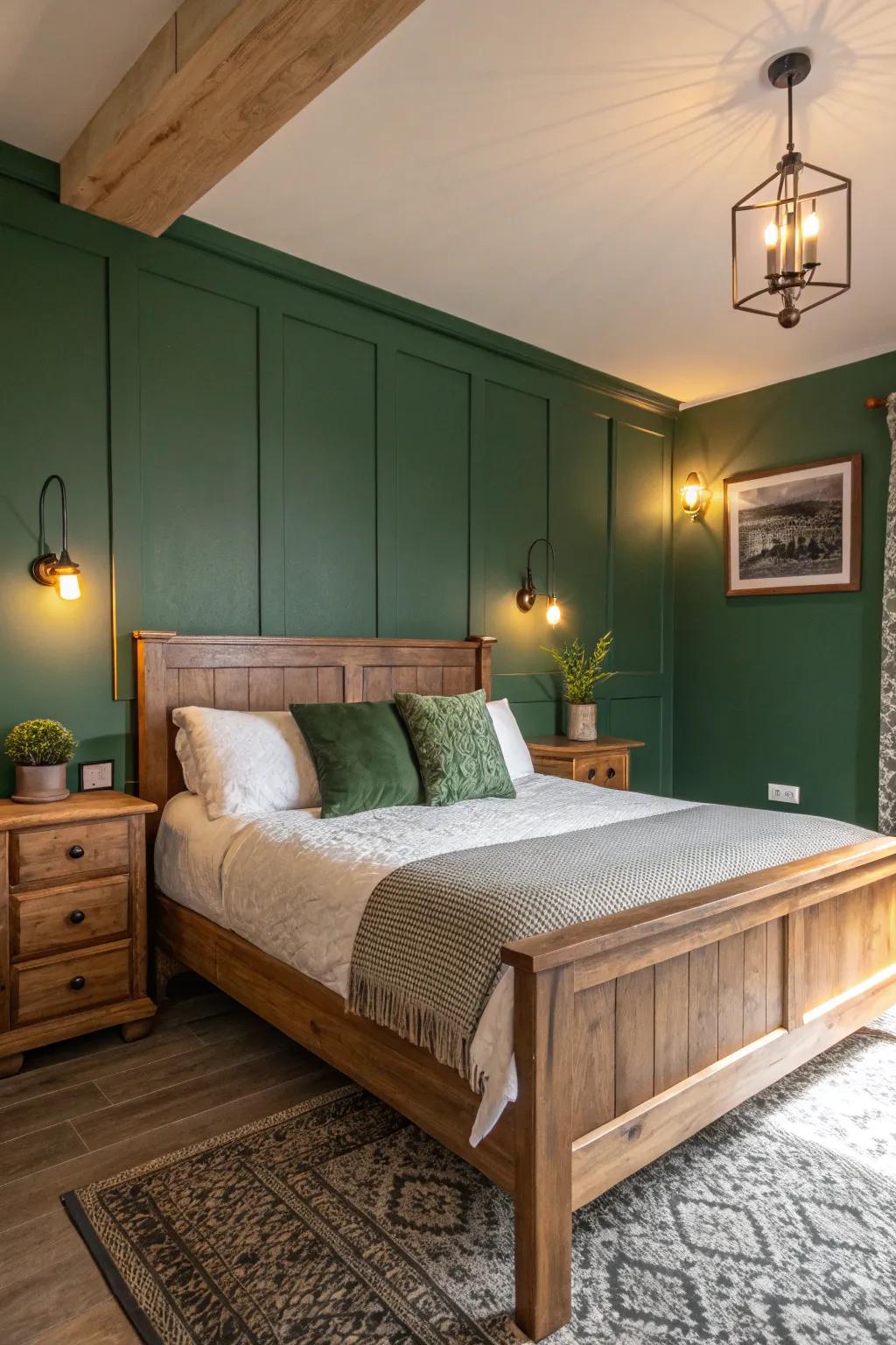 A forest green focal wall enriches and dramatizes the bedroom.