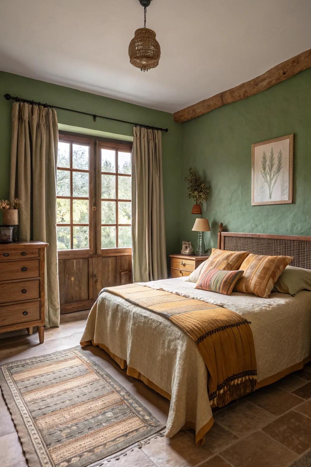 Nature-inspired colors provide a tranquil base for a forest-inspired bedroom.